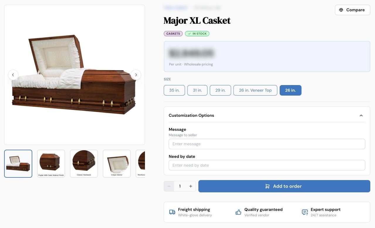A casket product page on Vault with wholesale pricing, size and customization options, and Add to order