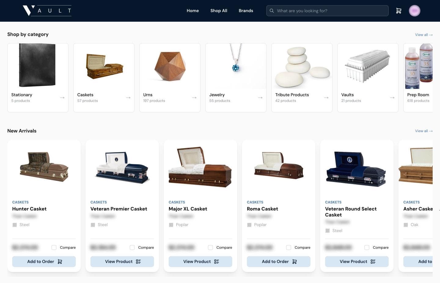 The Vault marketplace home with categories from stationery and caskets to prep room supplies, above new arrivals