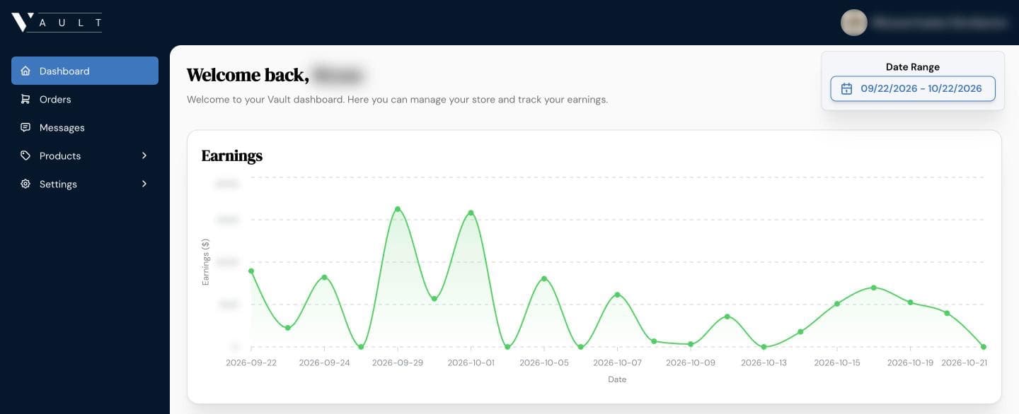 The Vault vendor dashboard with an earnings chart over the last month