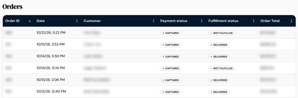 A vendor's orders list on Vault with payment and fulfillment statuses